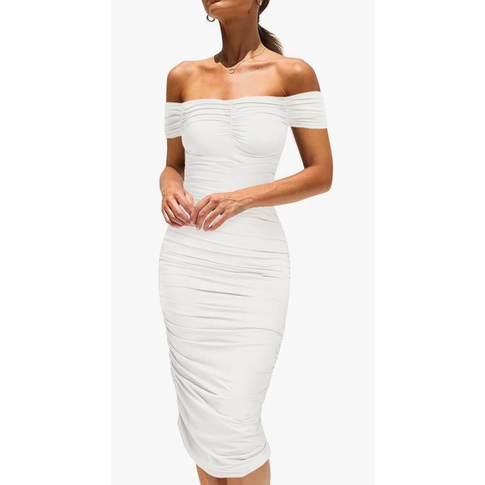 Off The Shoulder Ruched Bodycon Dress- Size Large